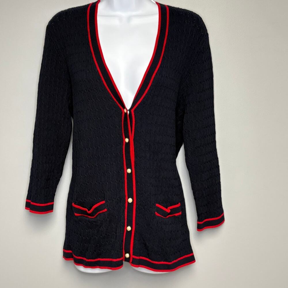 Talbots Navy Red Nautical Americana Preppy Pearl Button Cable Knit Cardigan Sz L